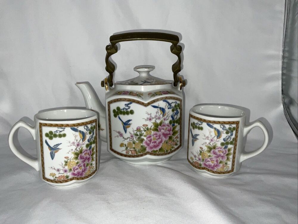 VTG HOMCO JAPANESE ASIAN BIRD FLORAL HEXAGON PORCELAIN TEAPOT & 2 CUPS